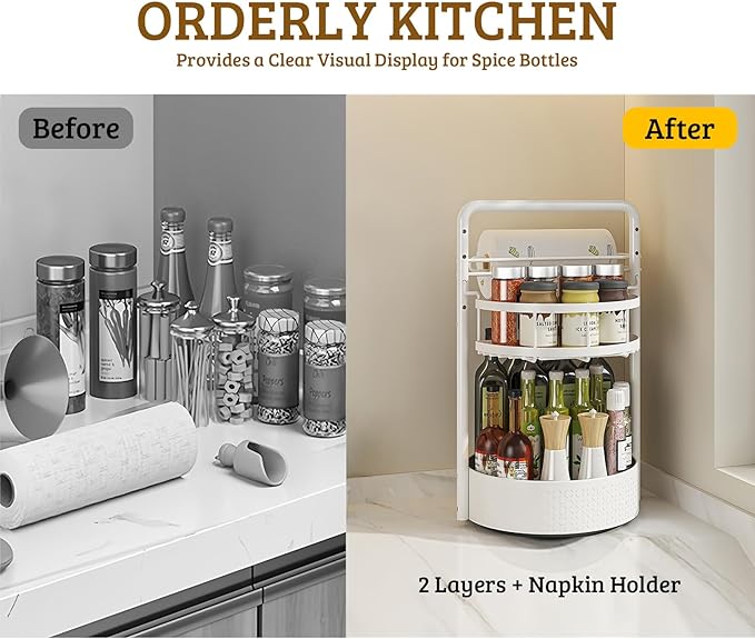 Rotating Spice Rack with Paper Towel Holder, 2 Tier Turntable Lazy Susan, Seasoning Organizer for Kitchen Countertop Cabinet, White