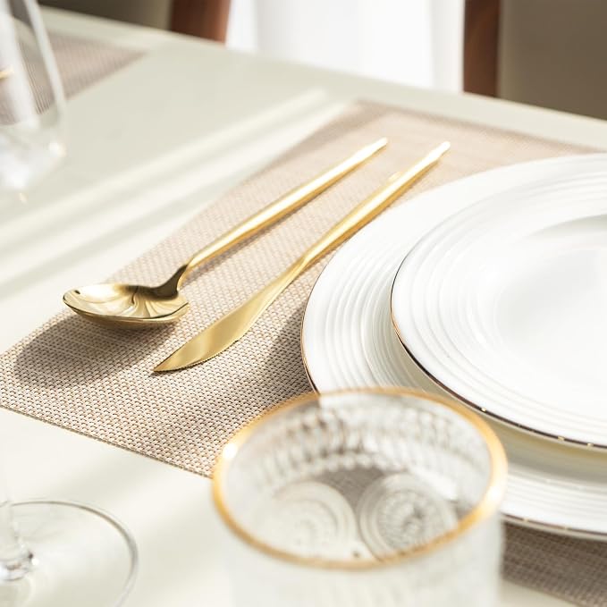 Placemats Set of 12 Vinyl/Plastic Woven Place Mats for Kitchen Table Indoor/Outdoor Washable Placemat Wipeable Dining Table Mats (Beige,12)