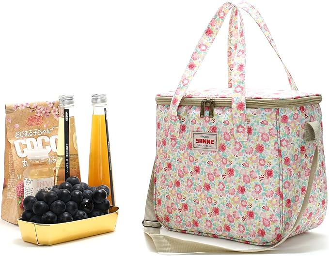 Insulated Cooler Tote Bag for Girls Adult Women, Waterproof Lunch Box Organizer for Office Work School Picnic Beach BBQ party-Pink Floral