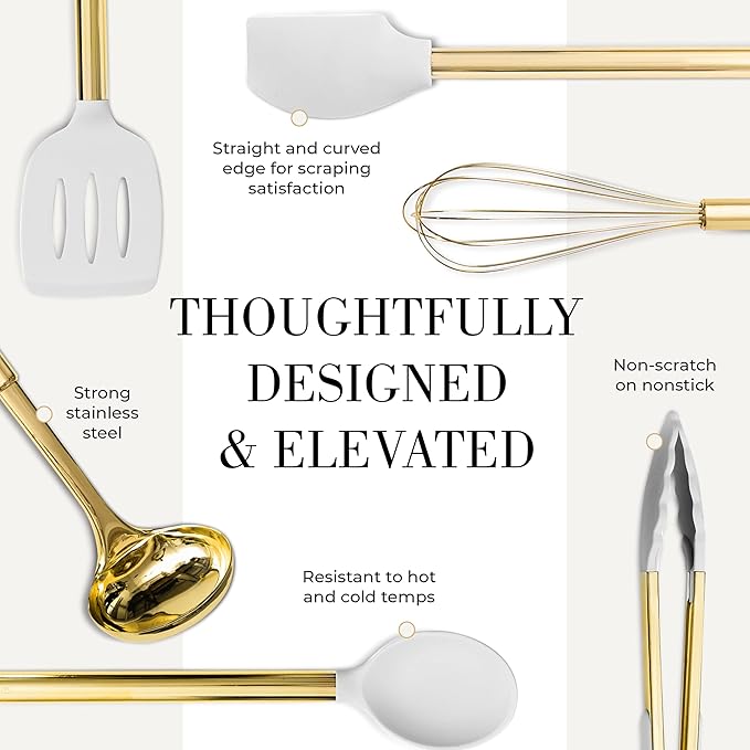 White Silicone and Gold Cooking Utensils Set with Gold Utensil Holder - 7-Piece Silicone Cooking Tools - Ideal for Nonstick Cookware and Stylish Modern Kitchens - Luxury Kitchen Accessories.