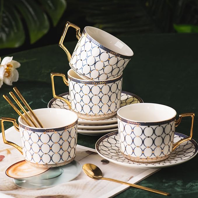 CwlwGO-European Bone China Tea Cup Sets, Blue and White Porcelain Tea Cups and Saucers Service for 4,Tea Sets For Women Party or Gifts Giving.
