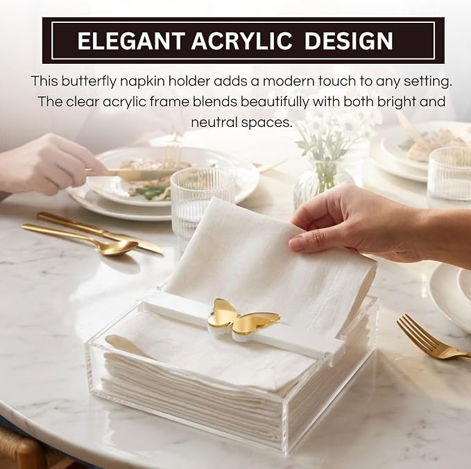 Butterfly Napkin Holder, Single Piece, Clear White Acrylic Square Paper Dispenser for Kitchen Countertop Dining Table Serving Tray, Modern Home Decor Organizer Gift Parties and Everyday Use