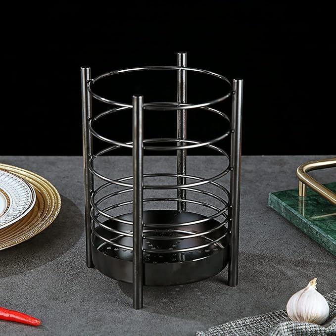 Black Kitchen Utensil Holder for Kitchen Counter, Stainless Steel Utensil Crocks, Black Titanium Coating Utensil Storage Caddy Organizer, Cooking Utensil Holder, Easy Cleaning (Black/7.4''x5.2'')