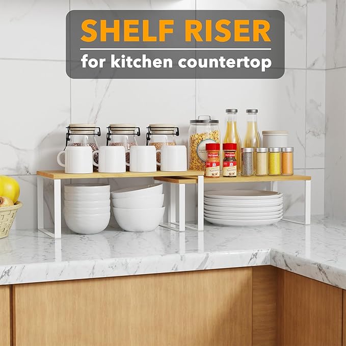 SpaceAid Cabinet Shelf Organizers 2 Pack, Kitchen Counter Rack Shelves Riser, Stackable Expandable Spice Rack, Pantry Cupboard Storage Organization (White and Natural, Long)