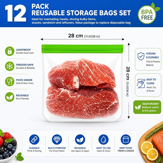 12-Pack Reusable Silicone Gallon Ziplock Freezer Bags – Extra Thick & BPA-Free, Leakproof, Stand-Up & Dishwasher Safe – Large Food Storage Bags for Meal Prep, Marinating, & Kitchen Organization