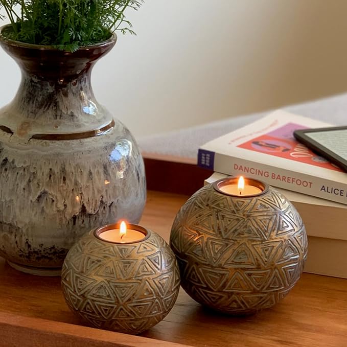Rustic Gold Orb Tea Light Candle Holders - (Gift Boxed Set of 2 Aurum Collection) Coffee Table Decor (Triangular Pattern, Gold and Gray)