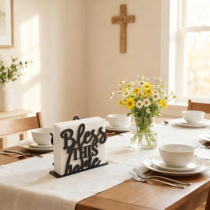 2Pack Bless This Home Napkin Holder for Table, Modern Metal Black Napkin Holders for Kitchen Dining Tables & Countertops, Paper Cocktail Napkins Holder Dispenser for Indoor & Outdoor