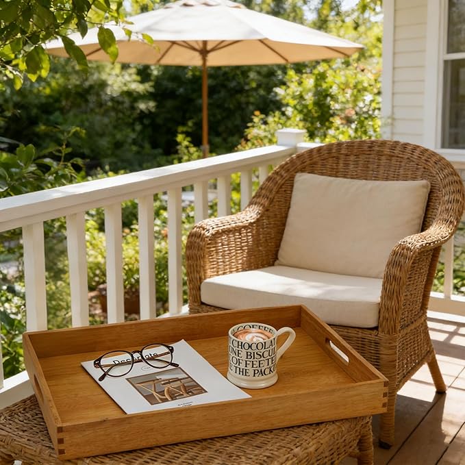 22 x 14 Inches Large Rectangle Teak Wood Ottoman Tray with Handles, Serve Tea, Coffee, Classic Wooden Decorative Serving Tray