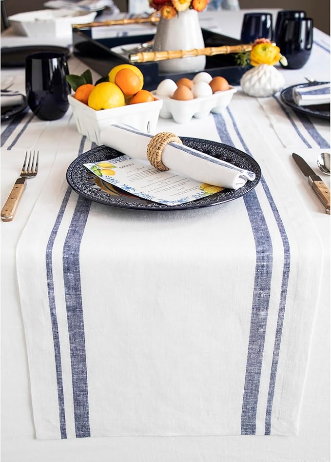 Solino Home Linen Table Runner 156 Inches Long - 100% Pure Linen Navy and White French Stripe Table Runner 14 x 156 Inch for Dining, Spring, Summer, 4th of July