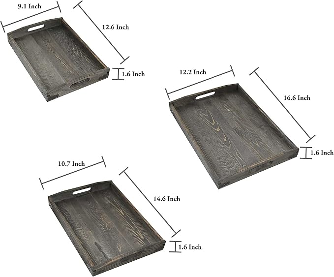 Owlgift Vintage Grey Wood Serving Trays with Brass Metal Wrap Accents, Set of 3