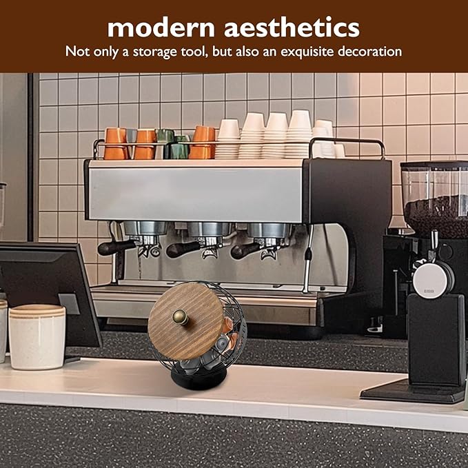 Coffee Pod Holder with Lid, Large Capacity Unique Spherical Design Cup Holder with Wood Lid, Black Wire Coffee Capsule Storage Basket for Kitchen Countertop, Cafe Bar Organizer (black)