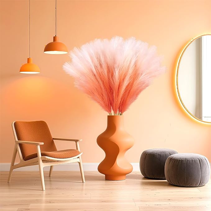 TORONTOKYO 8Pcs Orange Faux Pampas Grass Tall Decor, 35.4” Fluffy Artificial Pompous Grass Branches, Large Pampas Grass Reed Stems for Floor Vase Filler, Wedding, Baby Shower, Home Boho Fall Decor