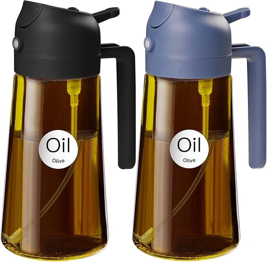 YARRAMATE 2Pcs 16oz/470ml Dark Brown Oil Sprayer for Cooking with Stickers, Food-grade Premium 2 in 1 Olive Oil Dispenser Bottle for Kitchen Gadgets, Air Fryer, Salad, Frying, BBQ (Black&Navy)