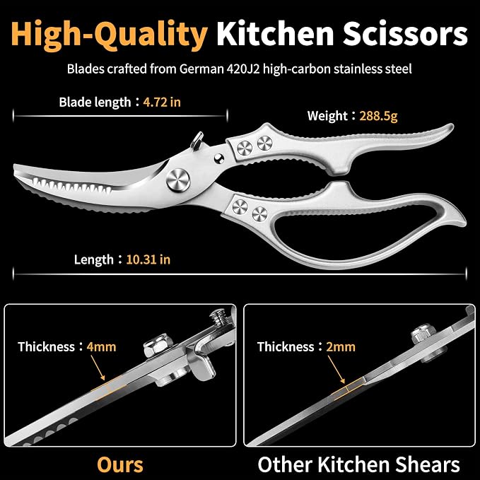 Poultry Shears, Kitchen Scissors for Food, All Purpose Heavy Duty for Chicken Wing/Thigh/Bone, Meat, Quail, Fish, Turkey, Vegetables, Stainless Steel Cooking Aid Scissors, Dishwasher Safe