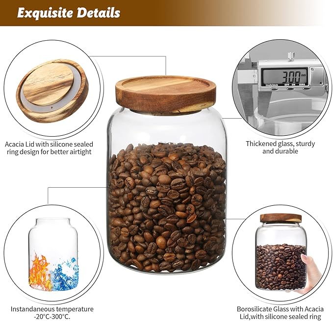 Glass Coffee Storage Jar with Lids Spoon Kitchen Borosilicate Glass Food Canister Containers for Sugar Ground Flours Coffee Beans Nut Pasta Spice Rice Loose Tea