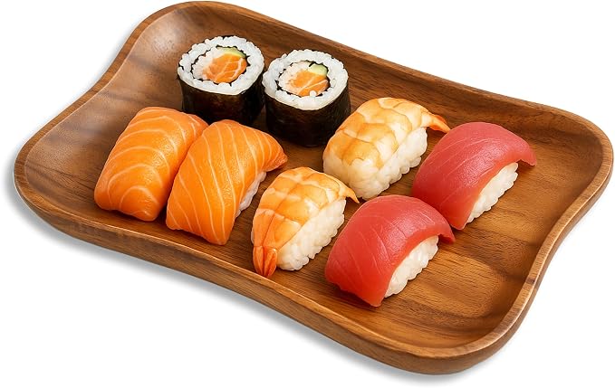 Woodard & Charles Acacia Wood Medium Pinched Serving Tray, for Charcutreie, Sushi, Dessert, Sandwiches and More, 9.5" x 6" x 0.75" ★★Pack of 24★★
