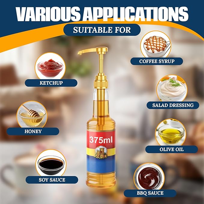 Zopeal 8 Pieces Coffee Syrup Pump Dispenser Fits 375ml/12.7oz Bottles, Syrup Pump for Coffee Flavoring, Creamers, Caramel, Beverages, Kitchen Cafe Bar Drinking Mixes Food Dispenser(Gold)