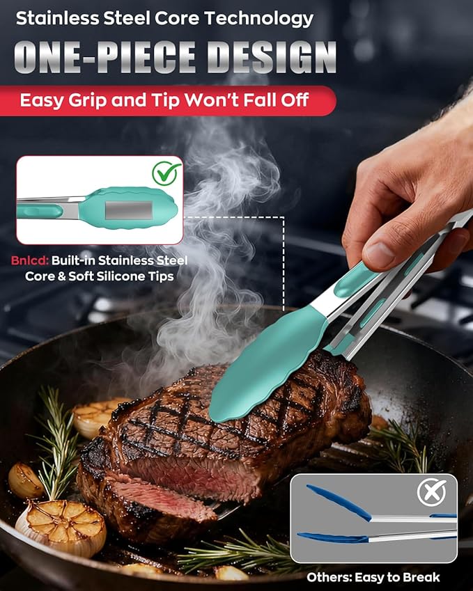 600ºF Heat Resistant Kitchen Tongs, Premium Locking Cooking Tongs with Silicone Tips, Non-Slip Food Tongs for Cooking, Non-Stick, Heavy Duty Stainless Steel Handle, Set of 3-7" 9" and 12" Aqua Sky