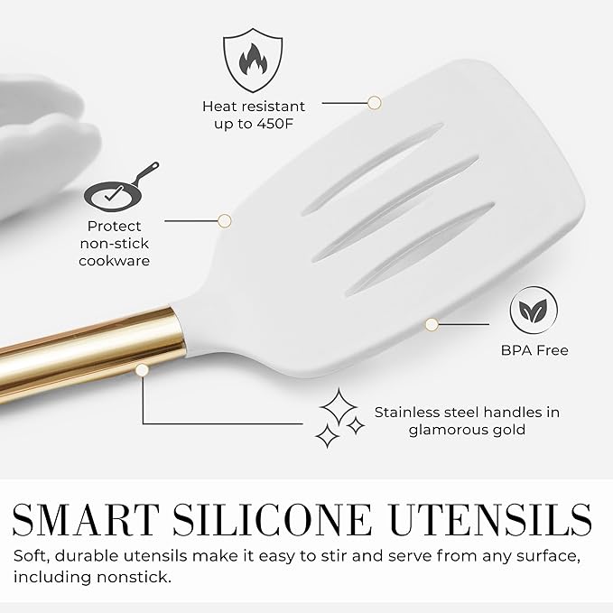 White Silicone and Gold Cooking Utensils Set with Gold Utensil Holder - 7-Piece Silicone Cooking Tools - Ideal for Nonstick Cookware and Stylish Modern Kitchens - Luxury Kitchen Accessories.
