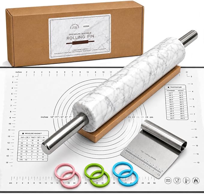 Premium White Marble Rolling Pin Set with Natural Veins, Stainless Steel Handles, Wooden Stand, Pastry Mat, Dough Cutter & 3 Thickness Rings – Baking Gift Set