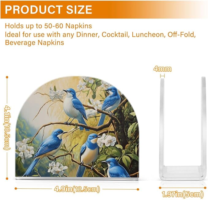Fustylead Blue Bird White Flower Patterned Napkin Holder for Table Acrylic Vertical Napkin Holders for Paper Napkins Decor Napkin Dispenser for Home Party Dining Cocktail Kitchen Accessories, 2 PC