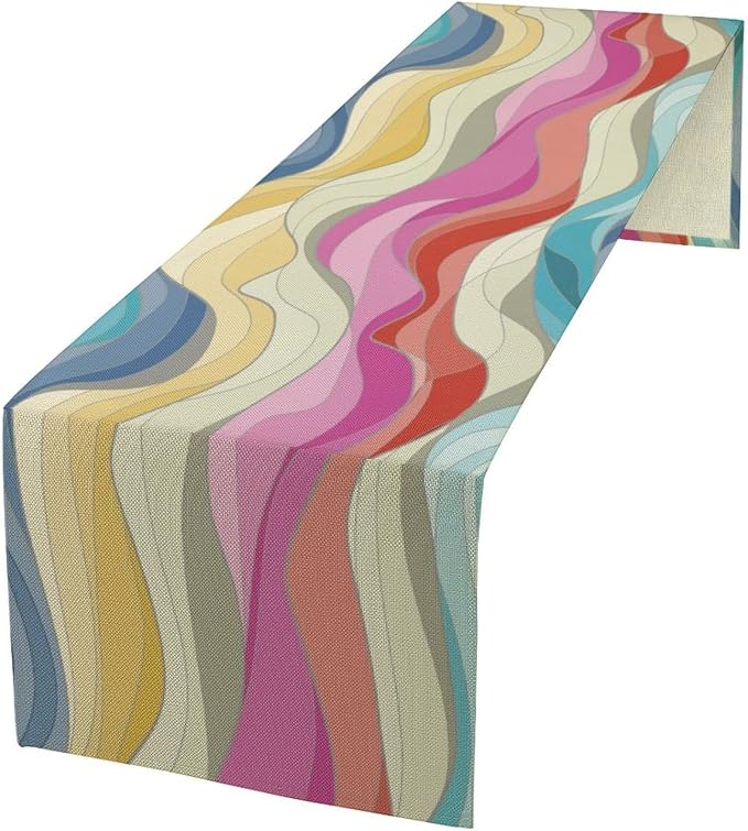 Retro Wavy Table Runner Abstract Colorful Rainbow Waves Swirl Cute Boho Groovy Aesthetic Dinner Runner for Farmhouse Country Home Kitchen Dining Table Holiday Party Decor 13x108in