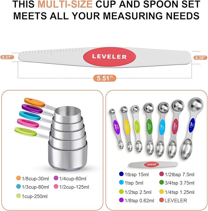 13-Piece Measuring Cups and Magnetic Spoons Set, 5 Stainless Steel Measuring Cups, 7 Double-Sided Magnetic Measuring Spoons & 1 Leveler for Cooking and Baking (5+7+1)