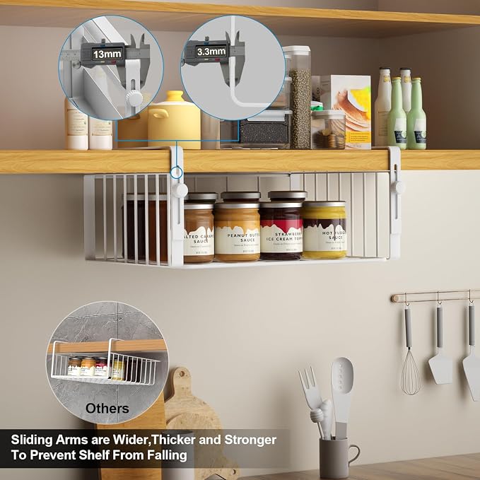 AmonHouseware 2Pack Under Shelf Basket Organizer,Adjustable Hanging Holder Storage for Cabinet Pantry Kitchen Cupboard Desk Counter Bookshelf Organization Add-on Space Saver Heavy Duty Slide-in,White