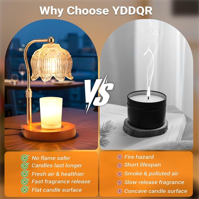 Candle Warmer Lamp with Timer Dimmer, Adjustable Height Candle Lamp Warmer for Jar Candles, Flower Glass Wax Melt Warmer with 2 Bulbs, Flameless Home Decor Gifts for Women Mom, Housewarming