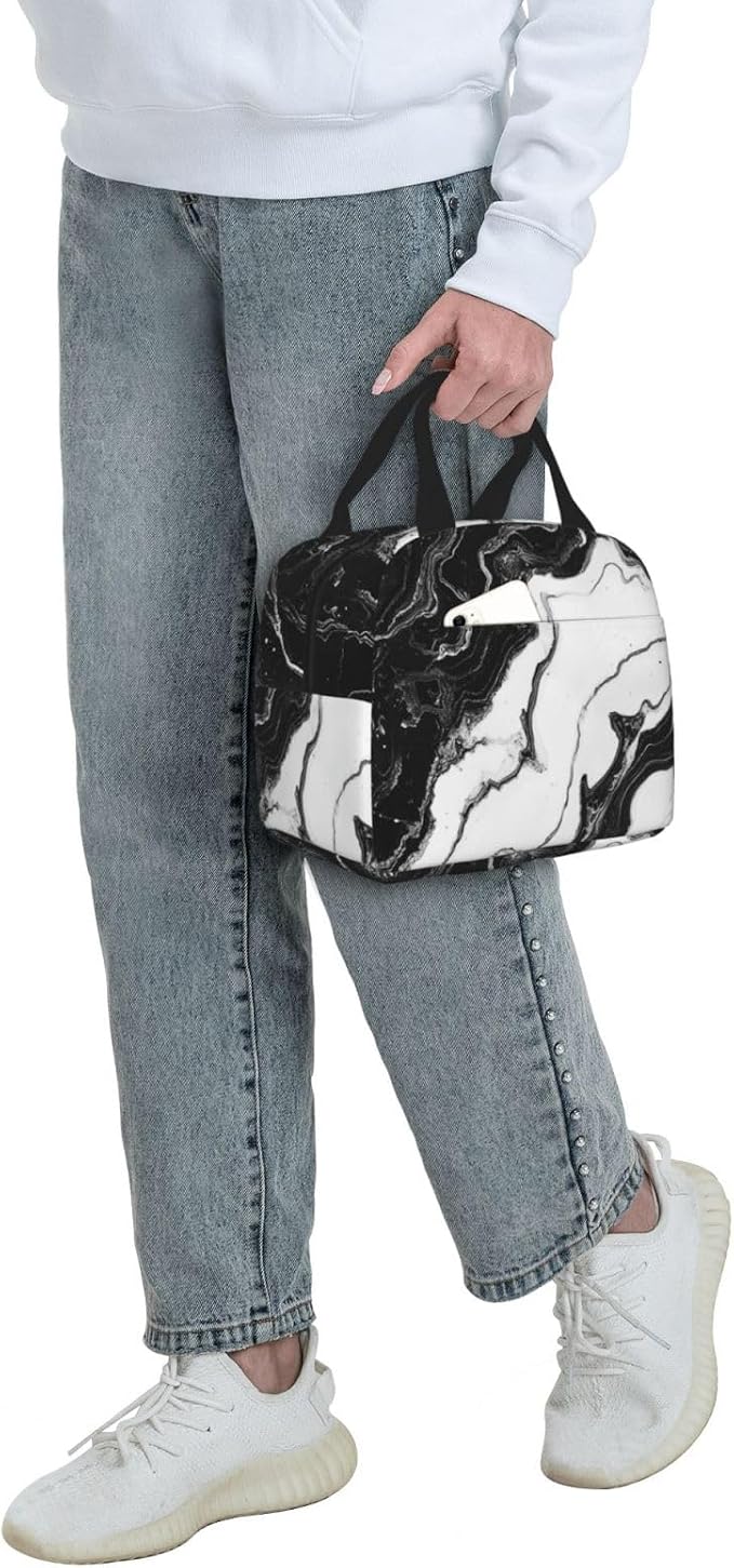 Insulated Lunch Bag Marble Black White Liquid Abstract, Leakproof Lunch Tote for Work School, Reusable Lunch Box Cooler for Adults Students, Compact Lunch Bag for Office College Picnic