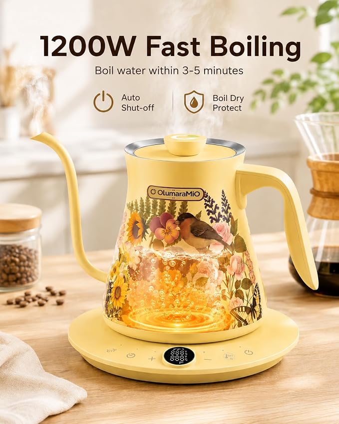 Olumaramio 0.8L/27oz Gooseneck Electric Kettle - ±1℉ Precise Temperature Control for Pour Over Coffee & Tea, 1200W Fast Heating, Auto Shut-Off, Built-in Brew Timer, BPA-Free Stainless Steel, Floral
