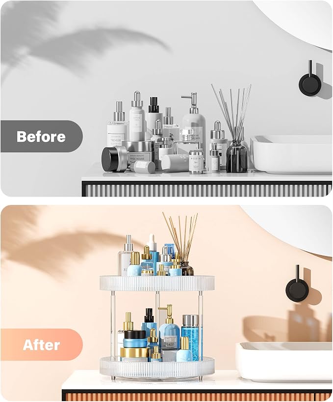 Acina 2-Tier Bathroom Countertop Organizer: 360° Clear Lazy Susan Rotating Storage Tray - Spinning Perfume Cosmetics Vanity Shelf for Bathroom Cabinet, Kitchen (Large)