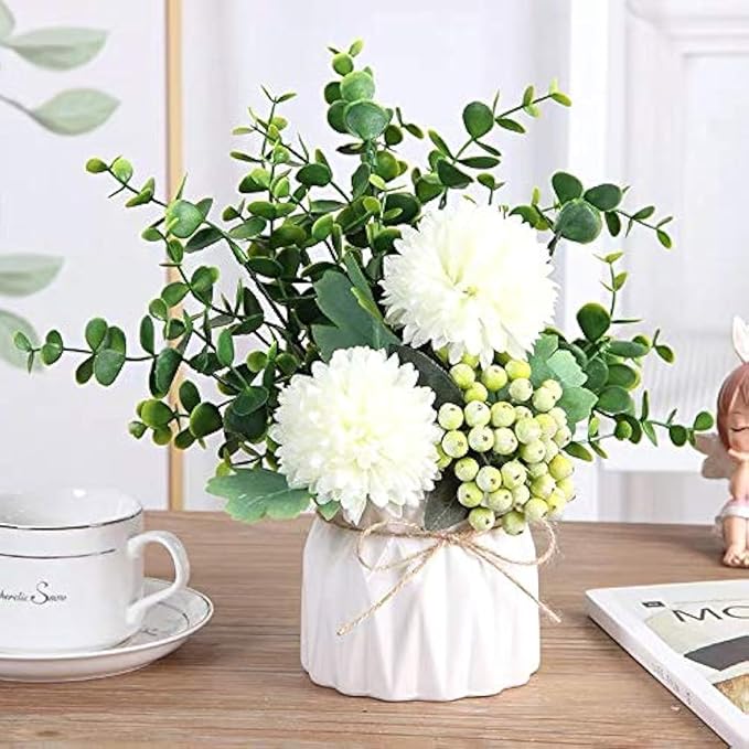 LADADA Artificial Flower Hydrangea and Small CeramicVase Fake Plant Eucalyptus Leaf Berry Flower Arrangement for Home Decoration (White)