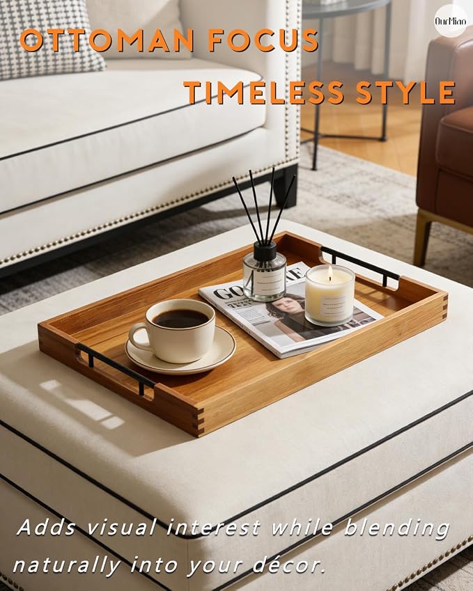22" x 15.75" Acacia Wood Ottoman Serving Tray with Black Metal Handles | Large Rectangular Wooden Tray for Living Room, Kitchen, Coffee Table, Coffee Station, Party
