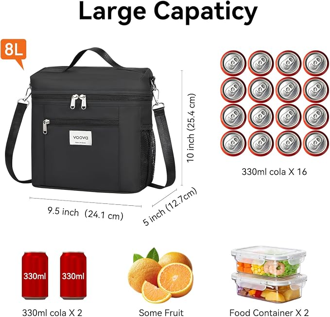 Voova Lunch Bag for Men and Women, Insulated Lunch Box with Shoulder Strap, Adult Reusable Lightweight Nylon Waterproof Lunchbox Lunch bags for Work, Black