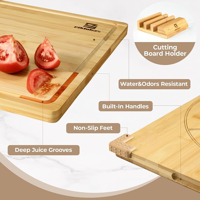 Piklohas Large Bamboo Cutting Boards Set of 4 for Kitchen, Bamboo Charcuterie Chopping Board with Holder Non Slip, Steak Serving Tray with Juice Groove, Big Butcher Block for Cheese, Ideal for Gift