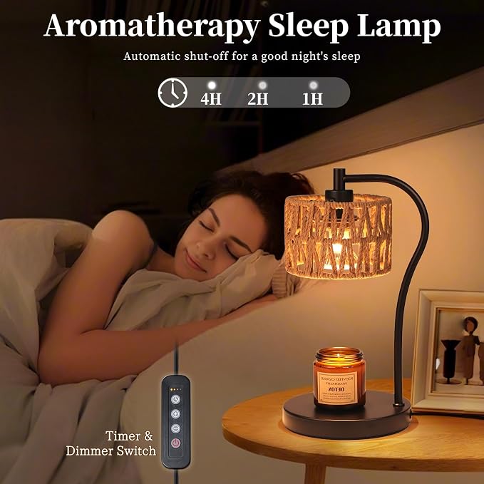 Ruiever Candle Warmer Lamp, Rattan Candle Heater with 2 Light Bulbs, Dimmable and Timer Melt Warmer for Scented Jar Candles Aromatic Holders for Home Room,Bedroom Living Room