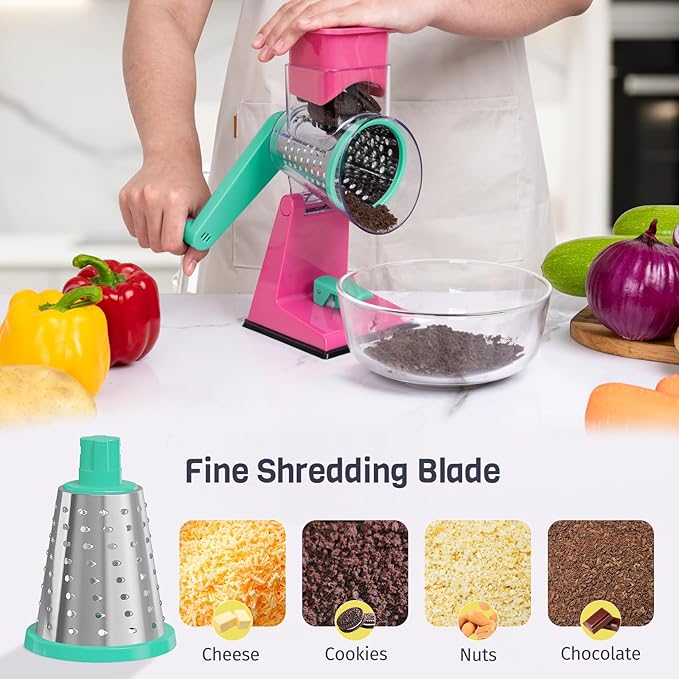 Upgraded Rotary Cheese Grater with 3 Interchangeable Stainless Steel Drums, One-Press Powerful Suction Manual Vegetable Shredder&Slicer for Kitchen, 15pcs Storage Bags Included, Rose-red&Green