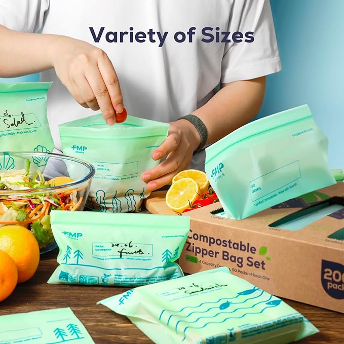 Fit Meal Prep 100% Compostable Food Storage Bags Set, Resealable Bags Plant-Based Freezer Bag for Food, ASTM D6400, US BPI & EU OK Compost Certified