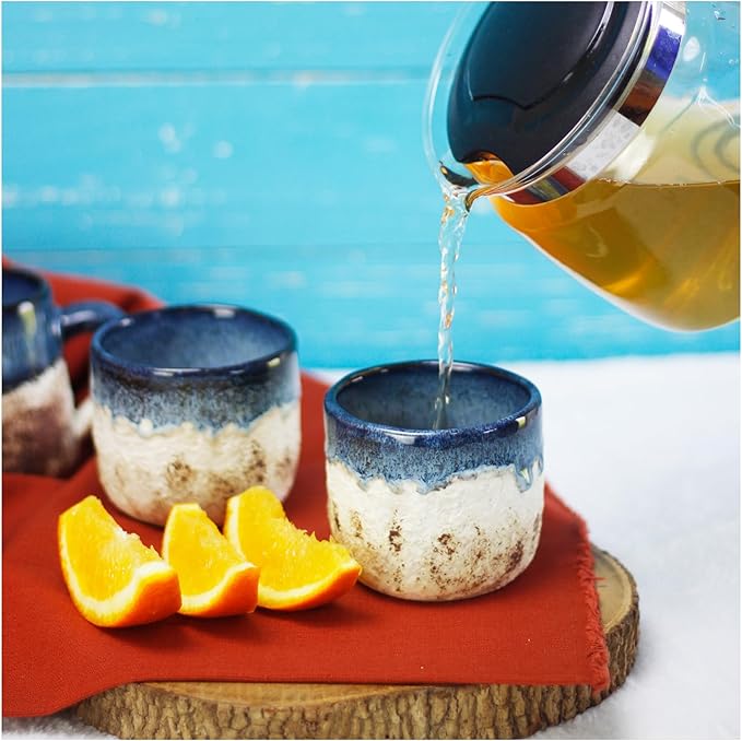 roro Handmade Ceramic Tea Cups Rustic Reactive Blue Glaze, Coastal Beach-Themed Sipper Set of 2, 200ml (6.5oz), Textured Grip, Microwave & Dishwasher Safe