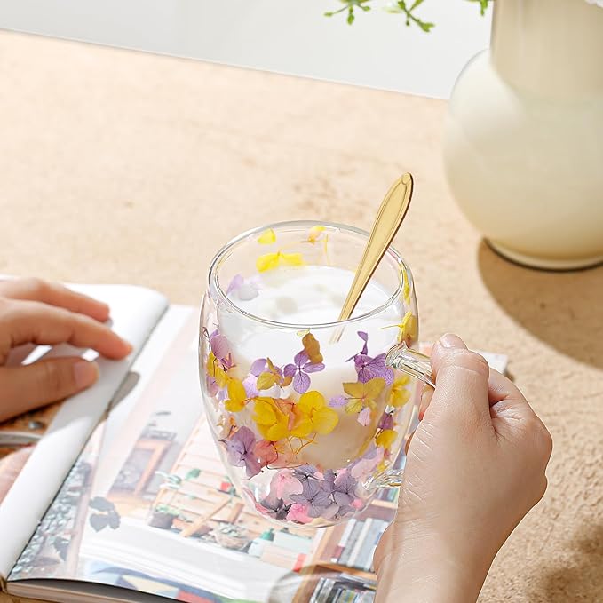 Double Wall Glass Coffee Mugs, Aesthetic Dried Flowers Cups with Handles,Espresso Cups for Cappuccino Coffee Tea Milk,Insulated Heat Resistant Glass Mug Christmas Birthday Gifts for Women