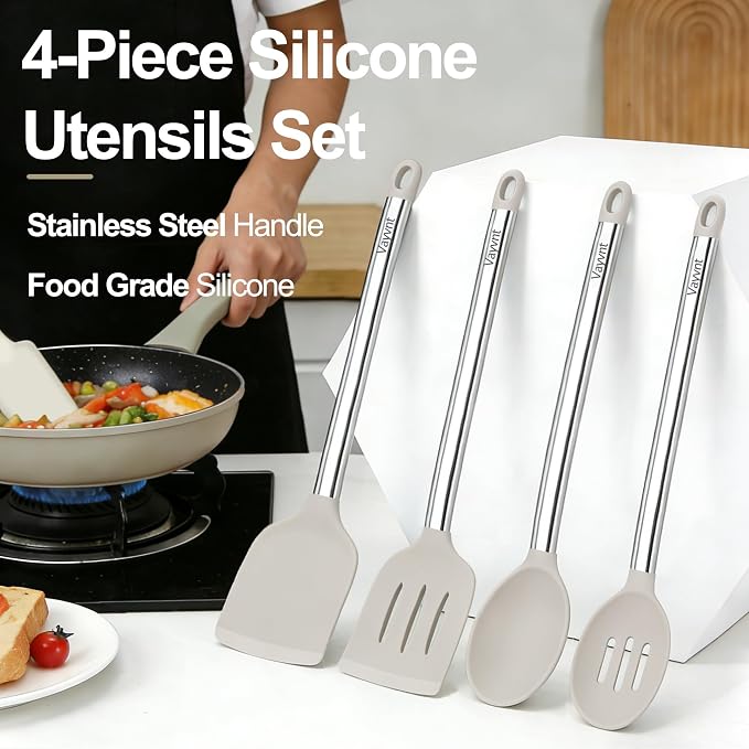 Vayvnt 4PCS Silicone Kitchen Cooking Utensils Set for Nonstick Pan, Khaki | Slotted Solid Turner Spoon, Stainless Steel Handle, Heat Resistant Up to 480℉, Non-toxic, Odorless, Dishwasher Safe