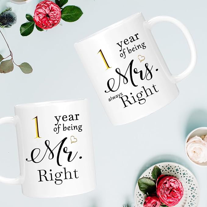 1st Anniversary Coffee Mugs Set of 2, First 1th One Year Anniversary Engagement Gifts for Boyfriend, Girlfriend, Wife Husband Parents Couple, 11oz