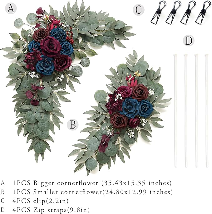 Olalaka Navy and Burgundy Flower for Wedding Welcome Signs Decorations, Artificial Burgundy Wedding Arch Flowers for Wedding Ceremony (Set of 2)