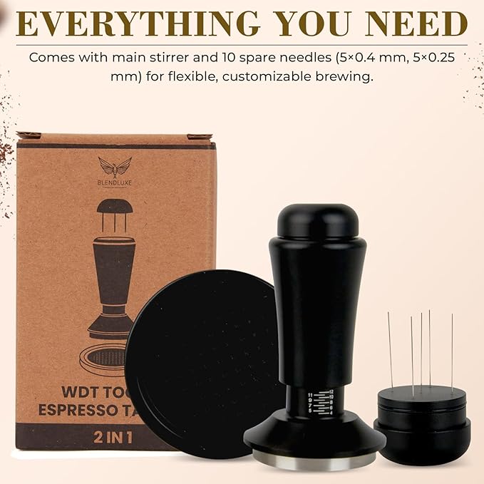 2-in-1 Espresso Tamper & WDT Stirrer Tool – 58mm Coffee Tamper with 10 Extra Needles (0.25mm & 0.4mm) – Stainless Steel Dual Sided Distributor for Even Extraction & Barista Quality Espresso (58 mm)