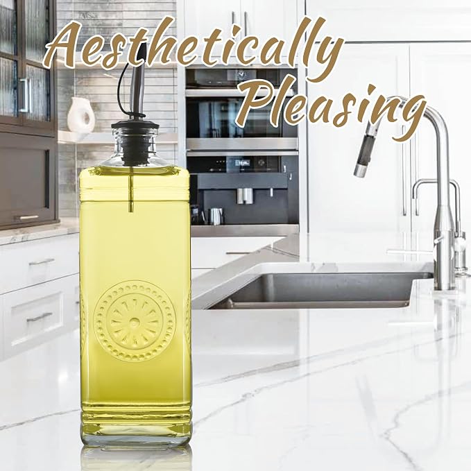 1-Pack Glass Olive Oil Dispenser 500ML/17OZ, Rectangular Vinegar Bottle with Stainless Steel Pourer, Brush, Funnel, Label (Sunflower)