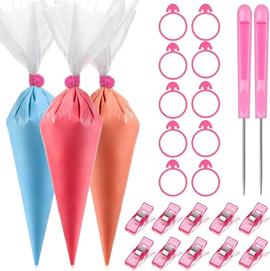 Patelai 122 Pcs Piping Bag Set with Disposable Tipless Piping Pastry Bags Ties Clips Awls Tool for Cakes Icing Scribe Cookie Decorating Supplies Christmas Halloween Decor(10 Inch,Pink)