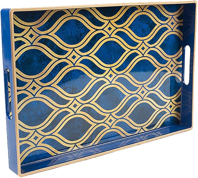 MAONAME Blue Decorative Tray with Handles, Plastic Serving Tray for Coffee Table, Marbling Rectangular Trays for Ottoman, Bathroom, Storage, 15.7" Lx 10.2" W X 1.57" H
