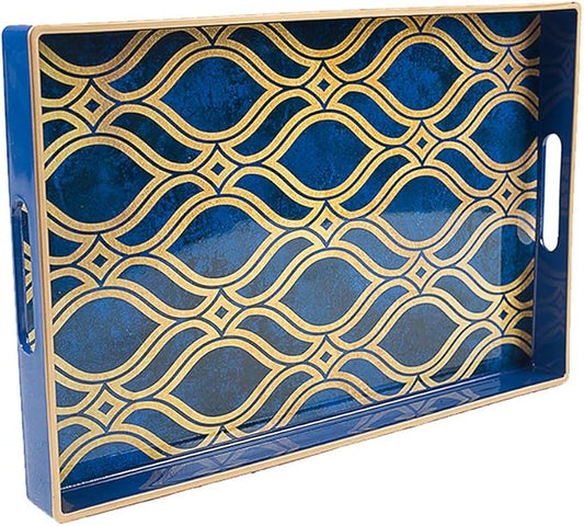 MAONAME Blue Decorative Tray with Handles, Plastic Serving Tray for Coffee Table, Marbling Rectangular Trays for Ottoman, Bathroom, Storage, 15.7" Lx 10.2" W X 1.57" H