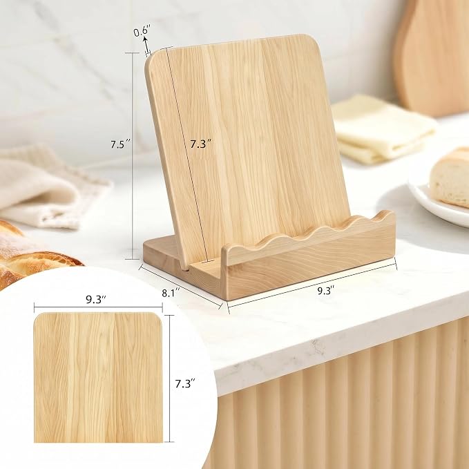2-in-1 Wooden Cookbook Stand & Cutting Board, Maple Kitchen Decor | Type: Cookbook Stand + Removable Cutting Board | Material: Solid Maple Wood | Design: Scalloped Edge, Artistic Flair |